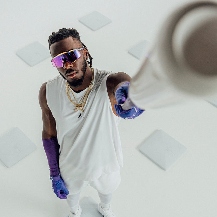 100% AEROCRAFT® Elly 3 White Venom Sunglasses – Purple Mirror Lens Performance Eyewear | Elly De La Cruz Signature Collection