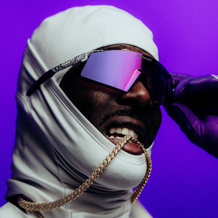 100% AEROCRAFT® Elly 3 White Venom Sunglasses – Purple Mirror Lens Performance Eyewear | Elly De La Cruz Signature Collection