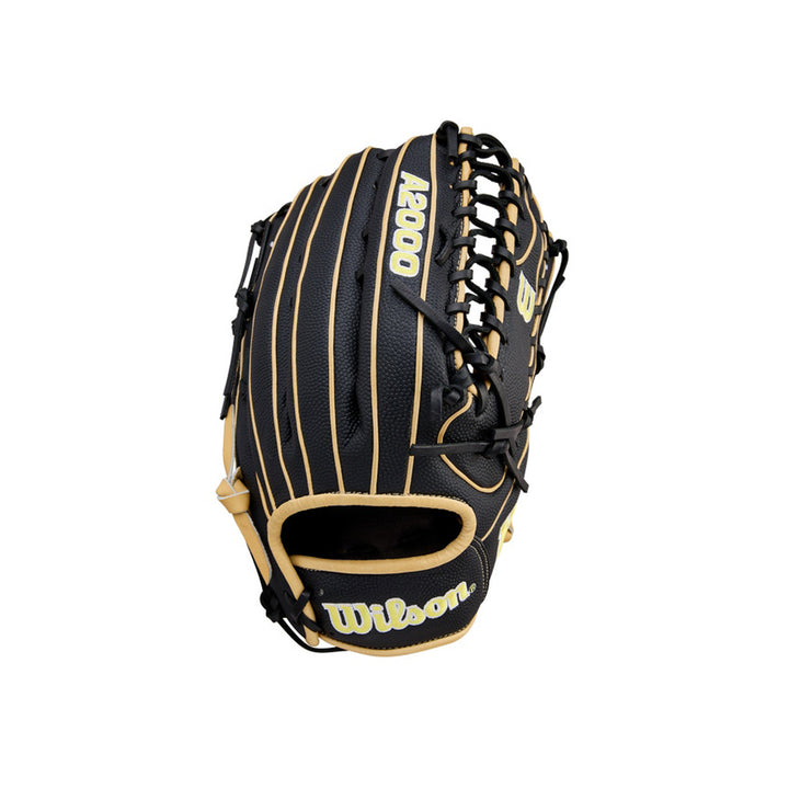 Wilson A2000 OT7SS WBW1041831275 Black SuperSkin outfield glove with Blonde accents