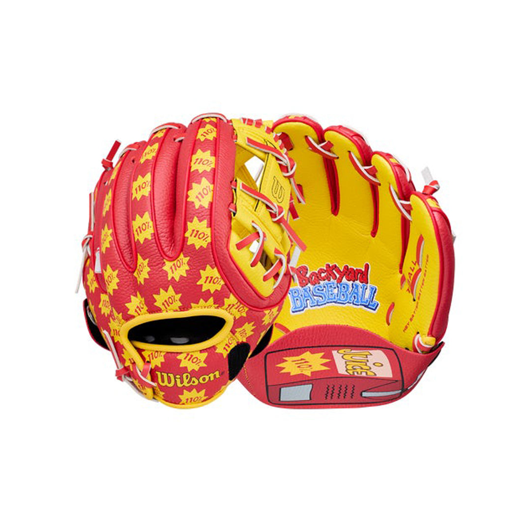 2026 Wilson Backyard Baseball Juicebox A200 youth T-Ball glove front and back display