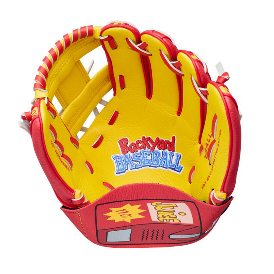 Wilson A200 WBW10419910 Yellow palm with Backyard Baseball logo and Juicebox Catch Assist strap