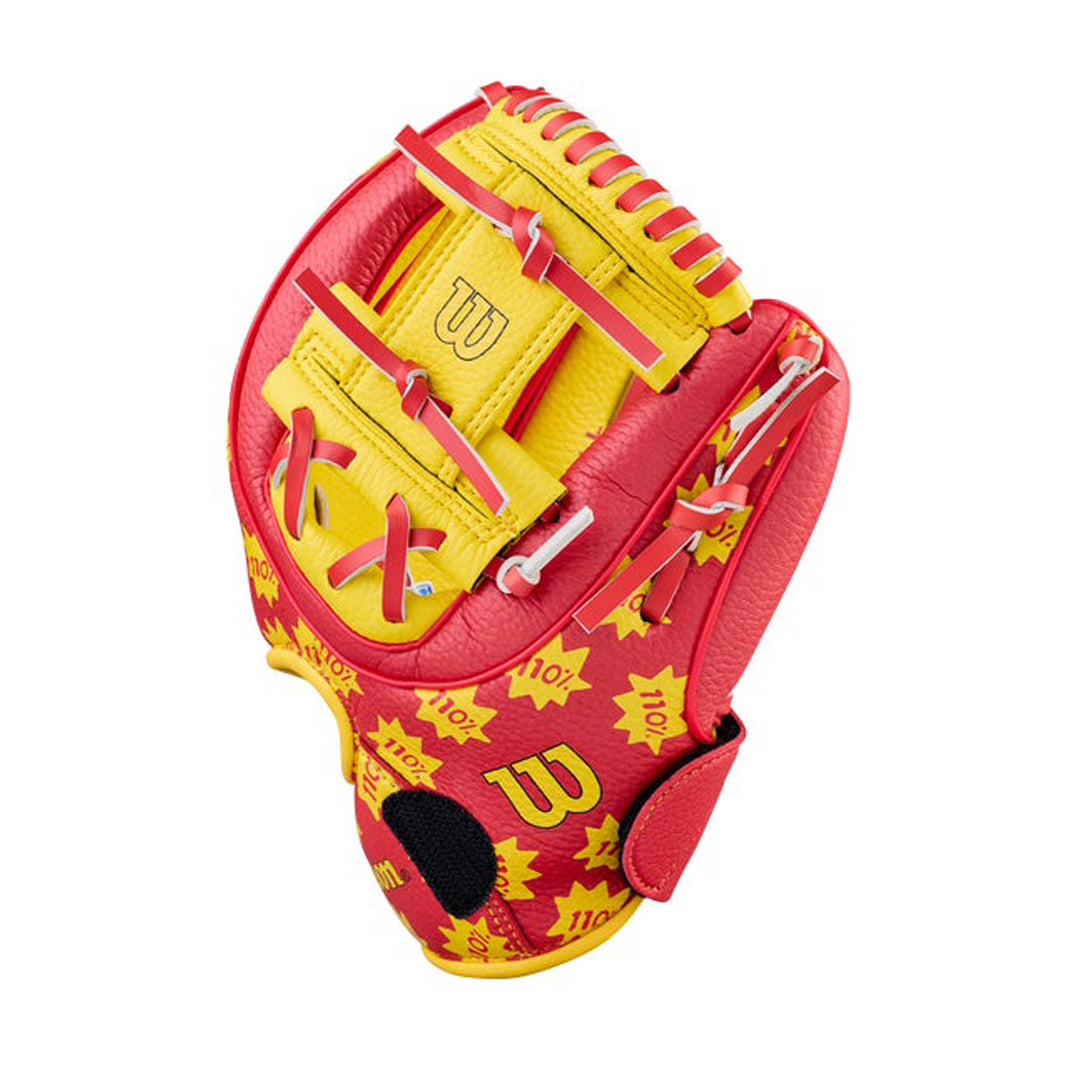 Wilson A200 WBW10419910 Red Yellow White youth baseball glove open web and side view