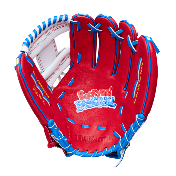 Wilson Pablo A450 WBW104207115 Red palm with Backyard Baseball logo and Blue laces