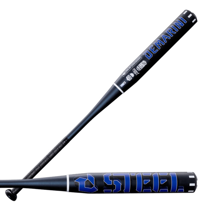 2027 DeMarini Steel 12 inch Slowpitch Softball Bat Black Royal Blue barrel display