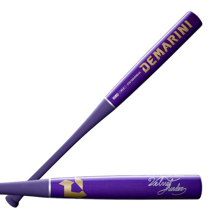 2027 DeMarini Velvet Thunder D54 Wood Composite (-3) BBCOR Baseball Bat Purple Gold barrel detail
