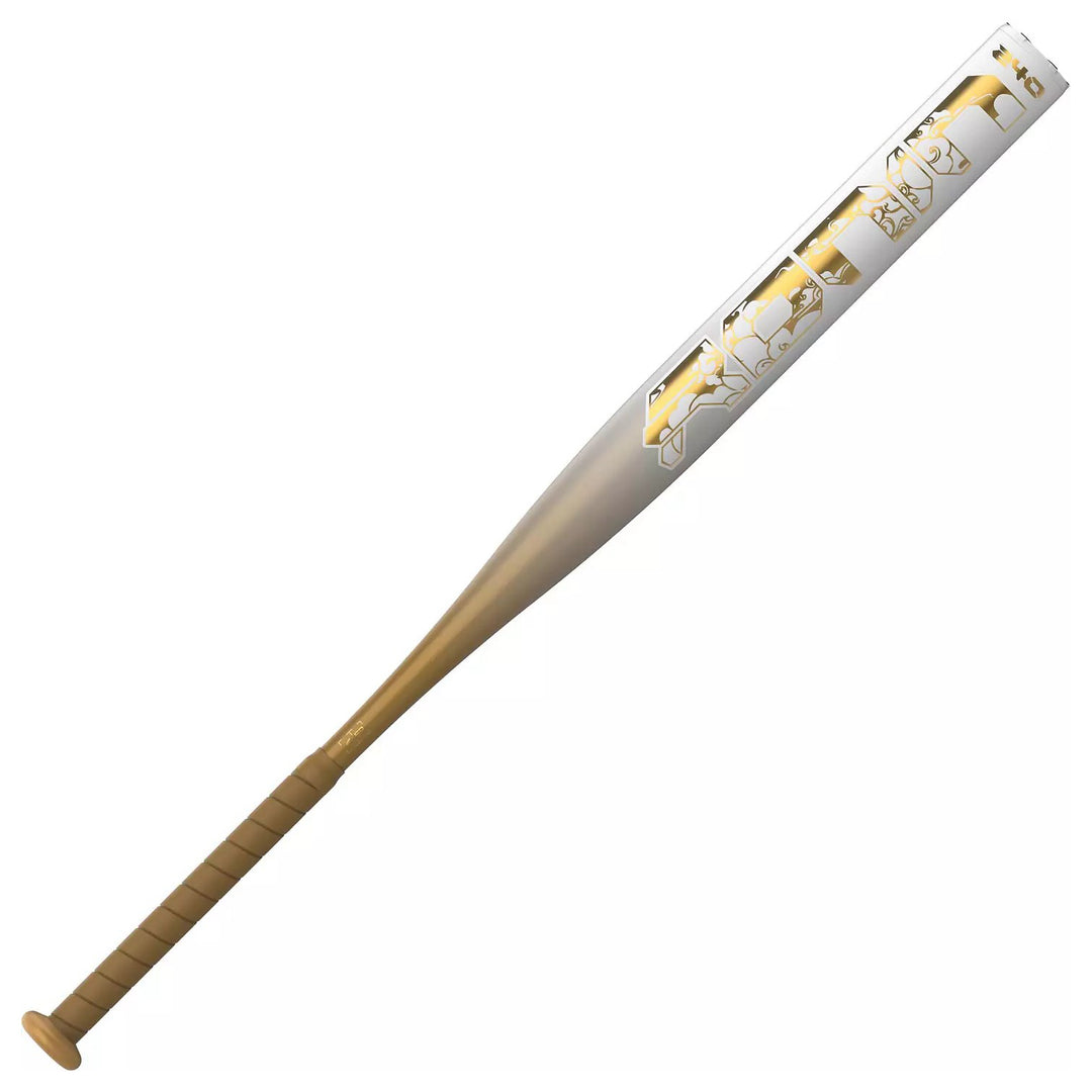 2027 Easton ESD7RNL white and gold one-piece slowpitch bat angled view