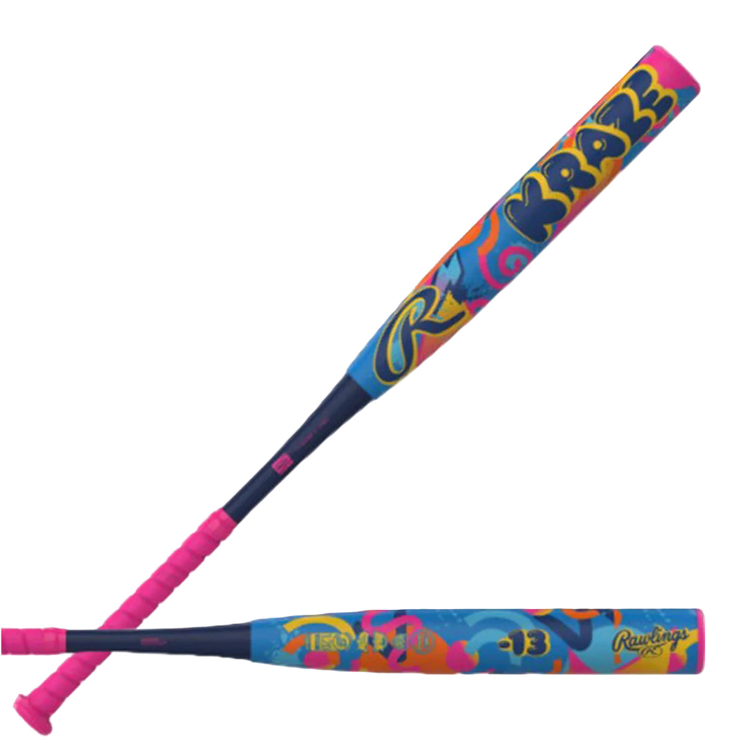 Rawlings Kraze -13 hybrid softball bat with pink grip and colorful barrel