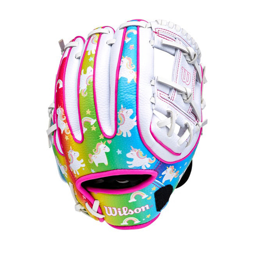 Wilson A200 10 inch youth T-Ball glove Unicorn rainbow exterior with White and Pink details