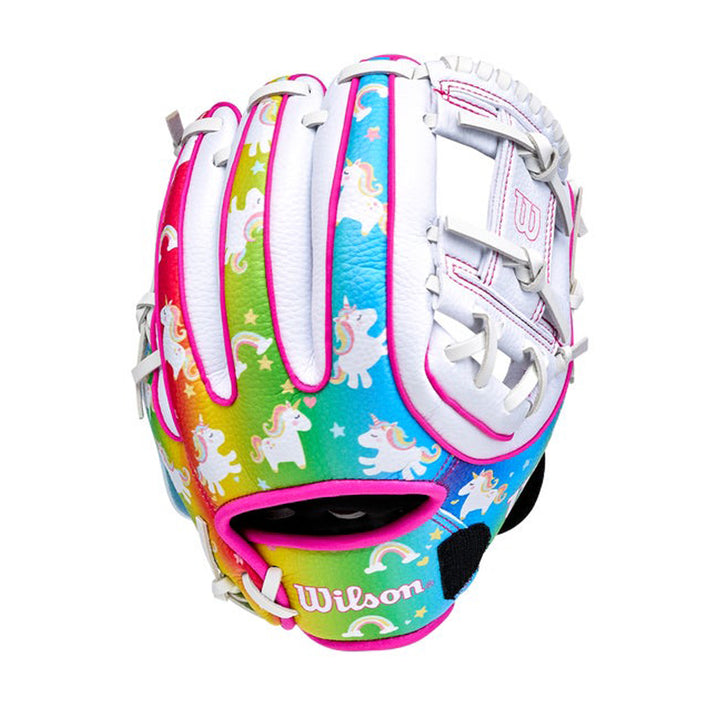 Wilson A200 10 inch youth T-Ball glove Unicorn rainbow exterior with White and Pink details
