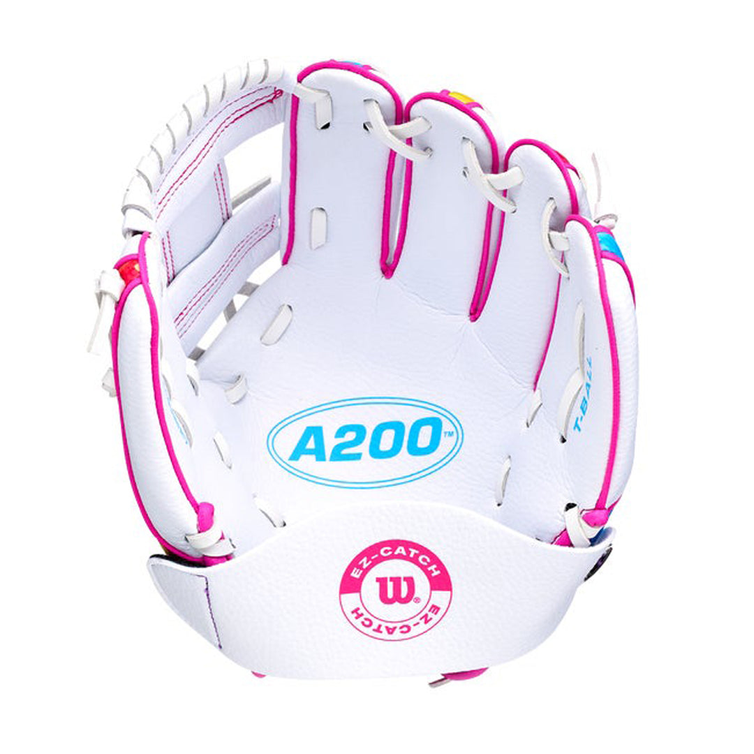 Wilson A200 Unicorn youth T-Ball glove White palm with Pink EZ-Catch Catch Assist Strap