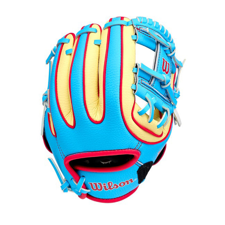 2027 Wilson A200 EZ Catch 9 inch T-Ball glove Sky Blue Blonde Red back view