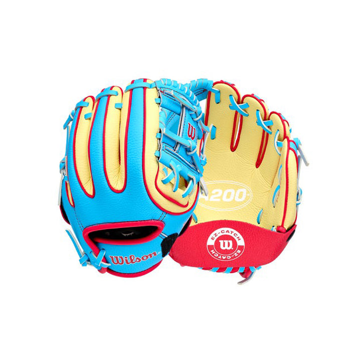 2027 Wilson A200 9 inch youth beginner glove Sky Blue Blonde Red front and palm views