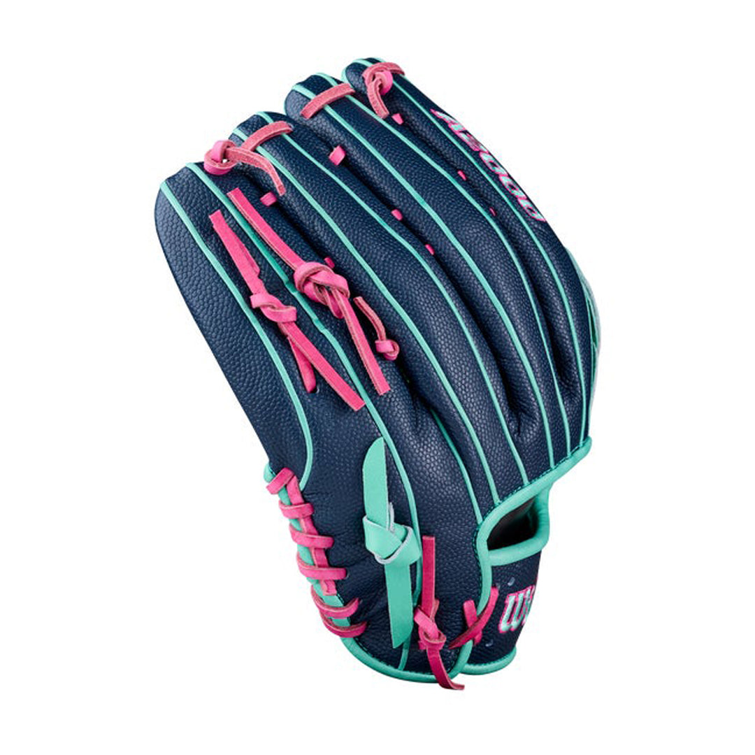 2027 Wilson A2000 1750 Navy Seafoam Flamingo Pink outfield glove finger back view