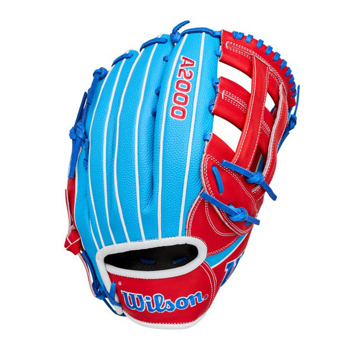 Wilson A2000 PCA4 WBG0009701RT125 Sky Blue SuperSkin Red Pro Stock Leather glove exterior