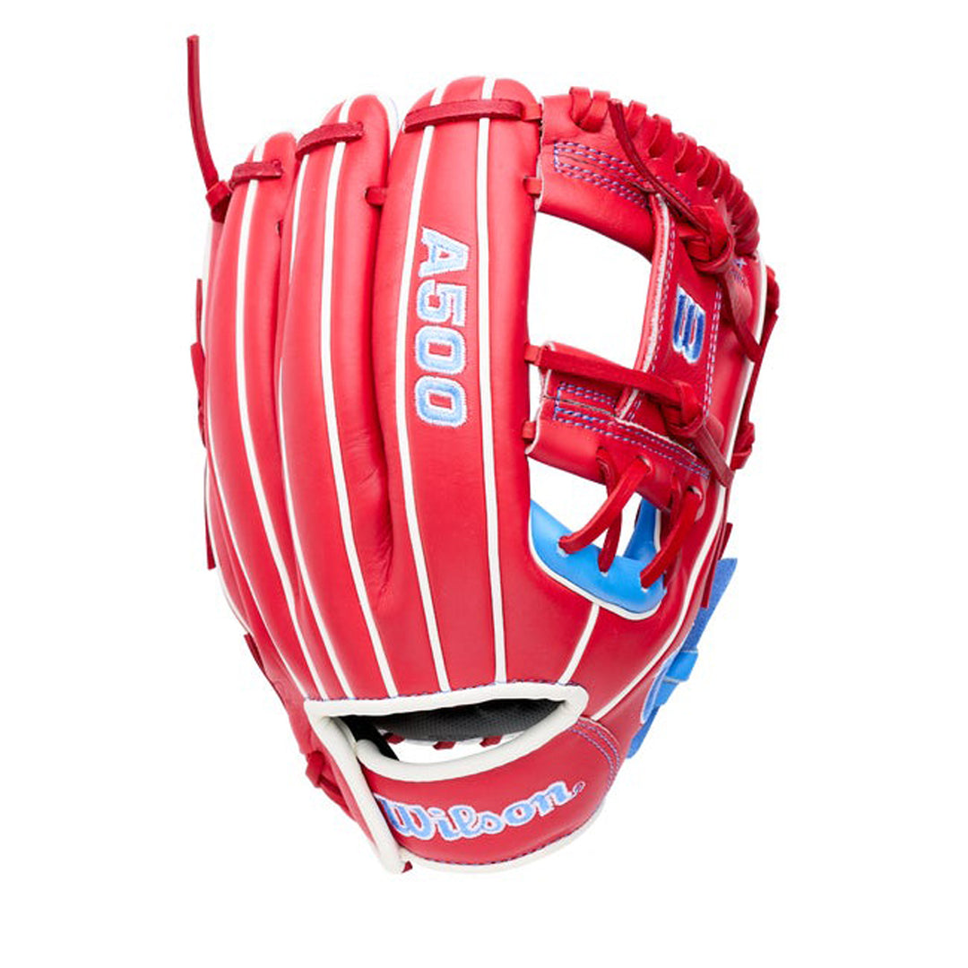 Wilson A500 11 inch Red youth baseball glove exterior with Red laces and Blue accents