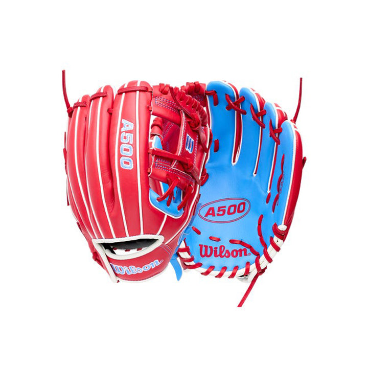 Wilson A500 Red Blue White youth baseball glove exterior and palm views