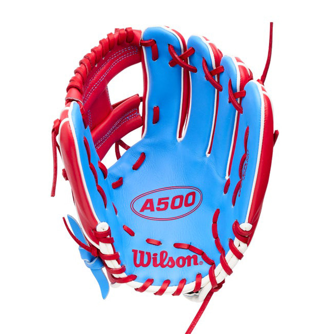2027 Wilson A500 Red Blue youth infield baseball glove palm and pocket view