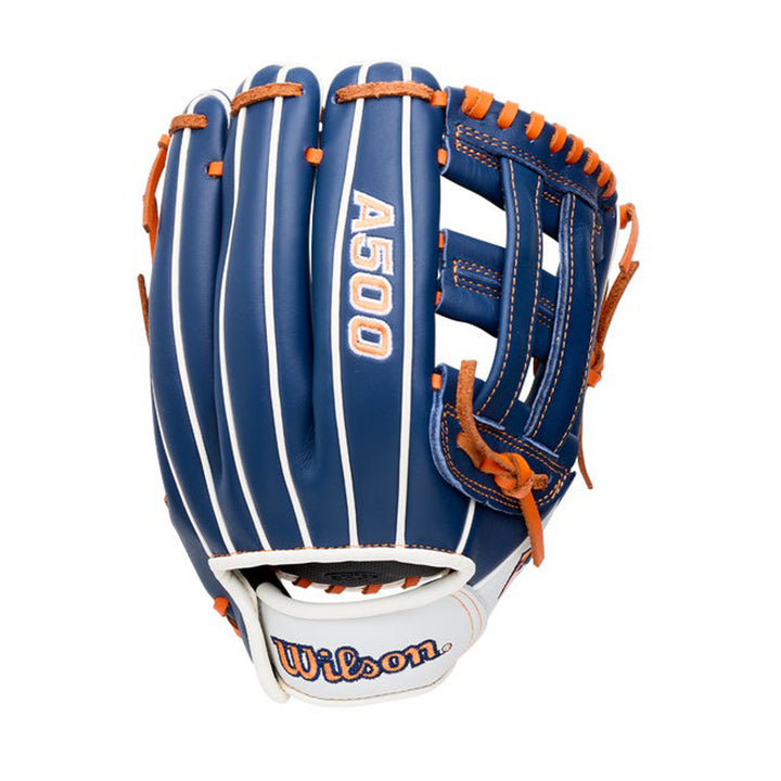 Wilson A500 WBG08401RT105 Navy youth baseball glove exterior with Orange laces