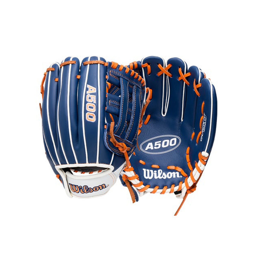 2027 Wilson A500 Open Dual Post Web youth baseball glove front and back display