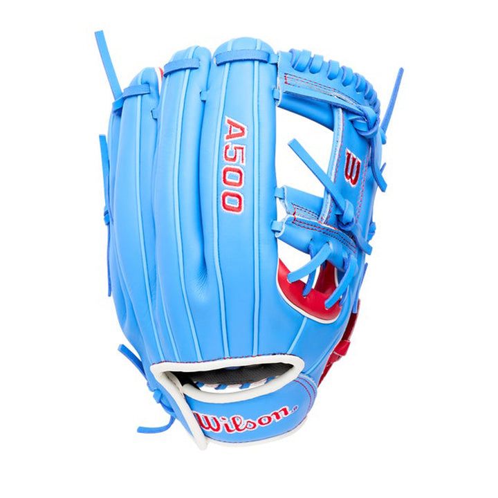 Wilson A500 WBG08601RT115 Cool Blue youth baseball glove exterior with Open H-Web