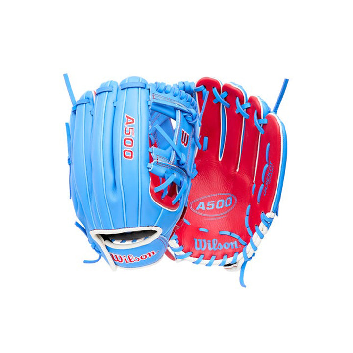 2027 Wilson A500 Open H-Web youth infield baseball glove front and back display