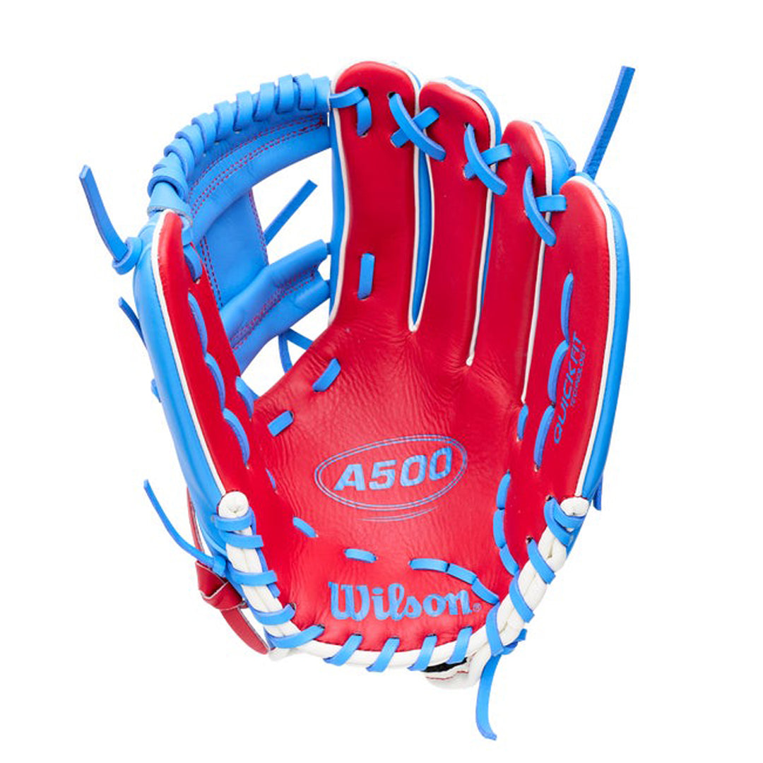 2027 Wilson A500 youth infield baseball glove Red palm and pocket view