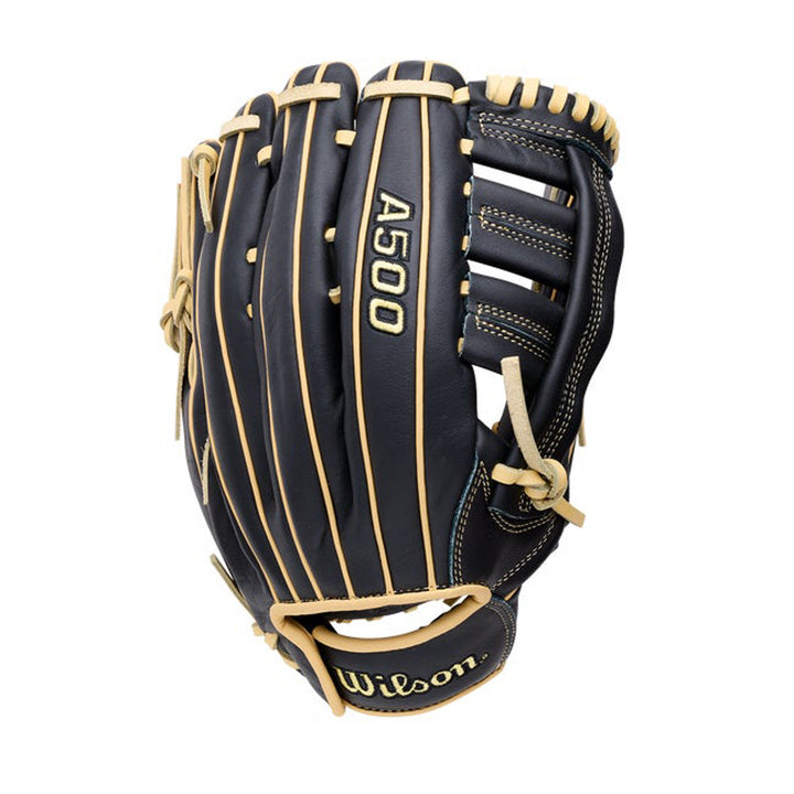 Wilson A500 WBG08801RT125 Black youth baseball glove exterior with Blonde laces