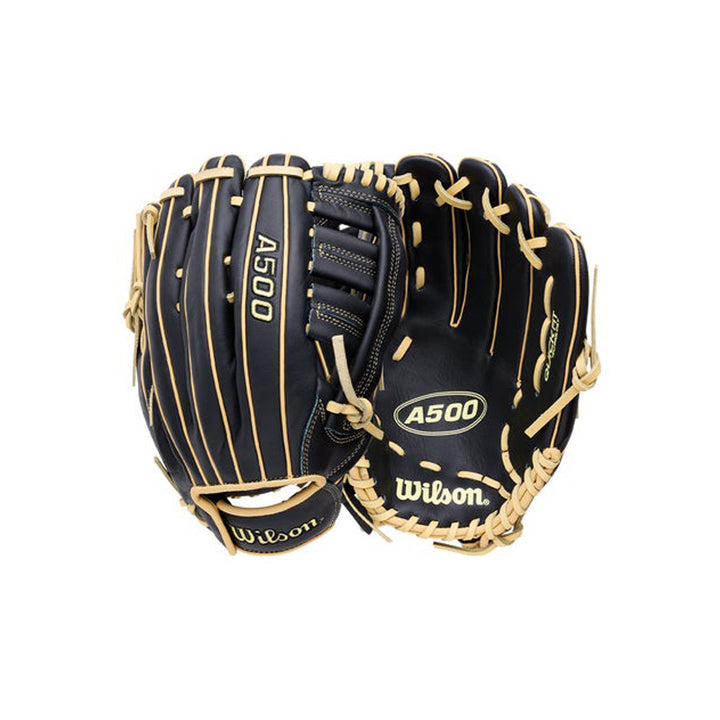 2027 Wilson A500 Open H-Web youth outfield baseball glove front and back display