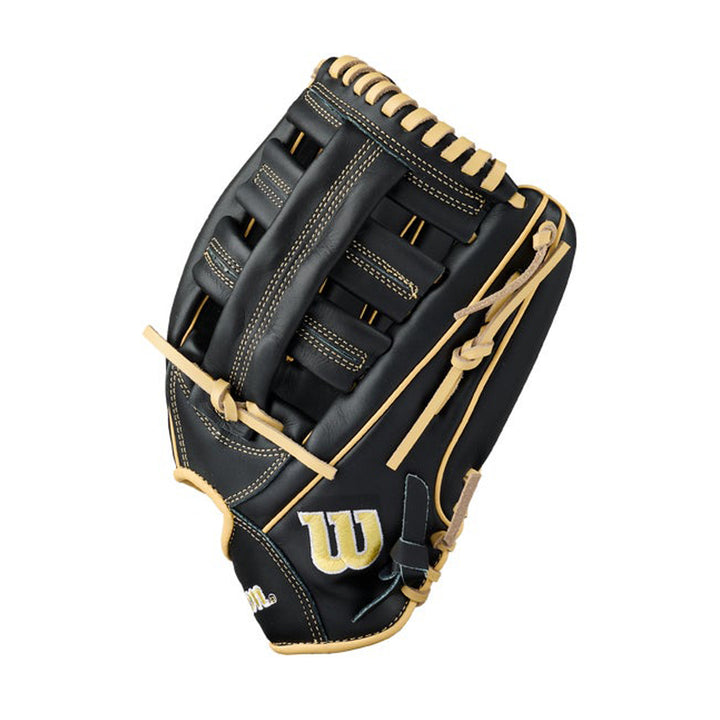 2027 Wilson A500 Black Blonde youth outfield baseball glove web and side view