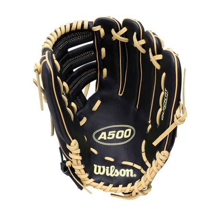 2027 Wilson A500 12.5 inch youth outfield baseball glove Black Blonde palm view