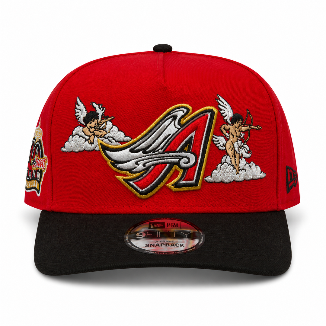 New Era Anaheim Angels 9FIFTY A-Frame Curved 40th Anniversary Patch Snapback Hat Red/Black | MLB Adjustable Cap