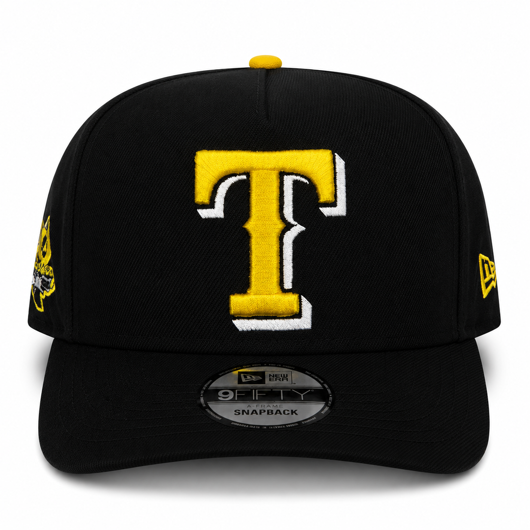 New Era Texas Rangers 9FIFTY A-Frame Curved 40th Anniversary Patch Snapback Hat Black | MLB Adjustable Cap