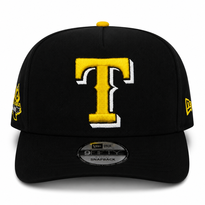 New Era Texas Rangers 9FIFTY A-Frame Curved 40th Anniversary Patch Snapback Hat Black | MLB Adjustable Cap