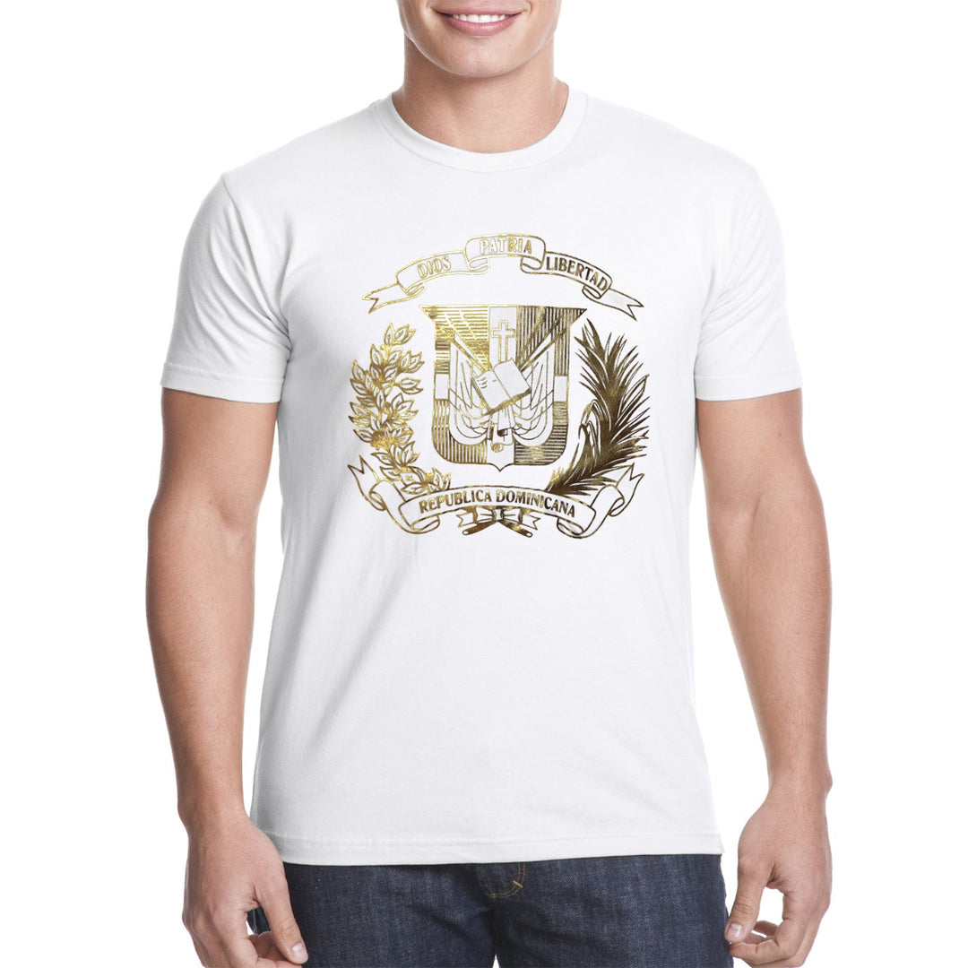 Dominican Shield Premium T-Shirt Design Metalic Gold – Light and Soft_White