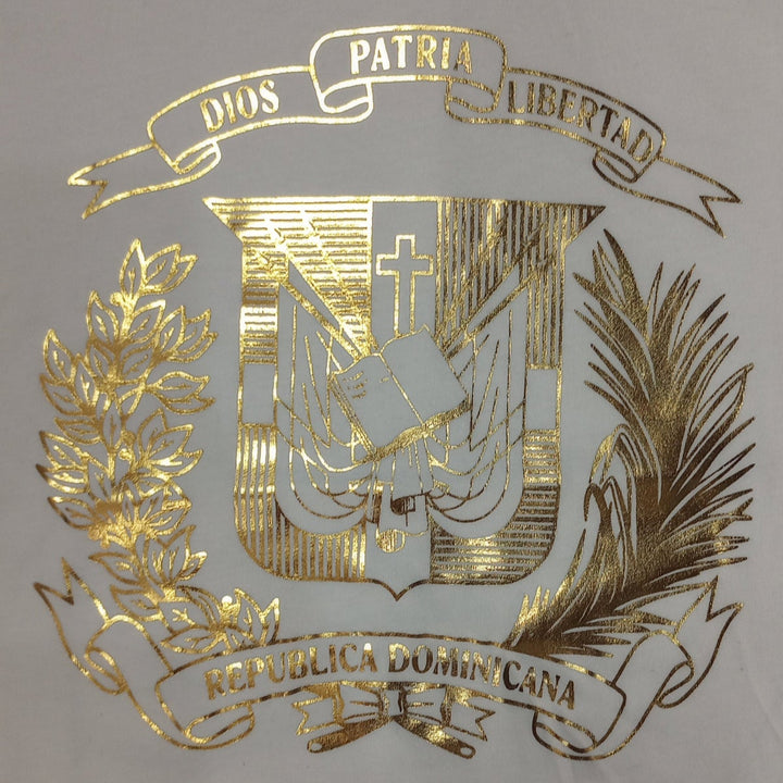 Dominican Shield Premium T-Shirt Design Metalic Gold – Light and Soft_White1