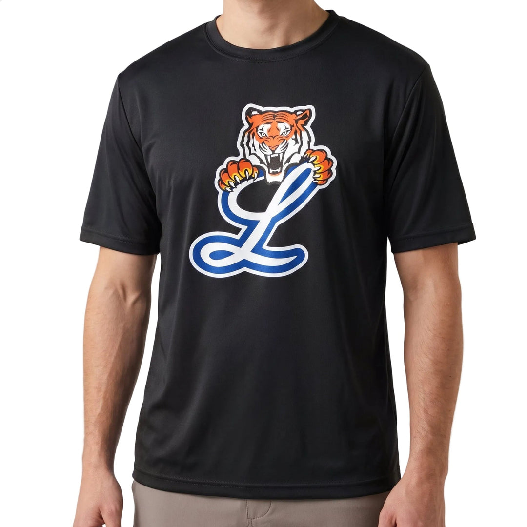 A man wearing a black short-sleeve athletic t-shirt with a large graphic of a tiger and a stylized blue letter &