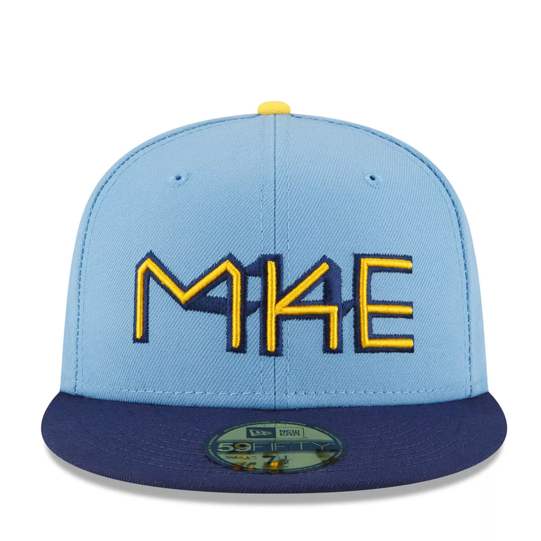 Milwaukee Brewers City Connect New Era 59FIFTY Fitted Hat – Light Blue & Navy Cap with MKE Embroidery