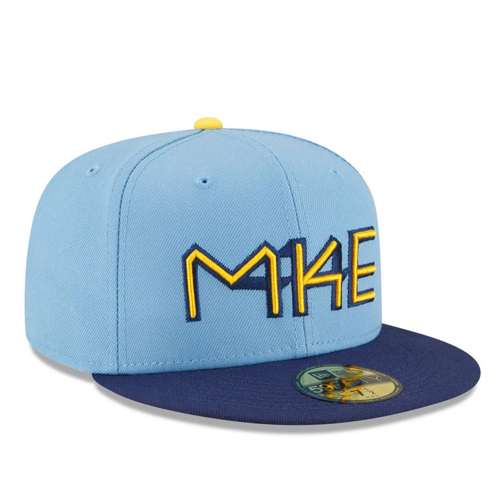Milwaukee Brewers City Connect New Era 59FIFTY Fitted Hat – Light Blue & Navy Cap with MKE Embroidery