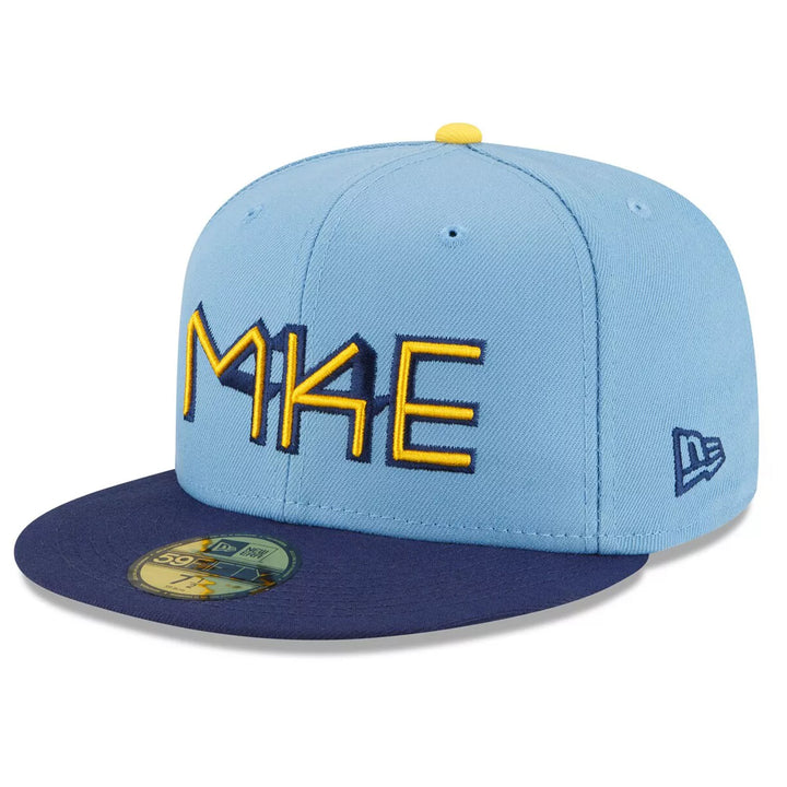 Milwaukee Brewers City Connect New Era 59FIFTY Fitted Hat – Light Blue & Navy Cap with MKE Embroidery