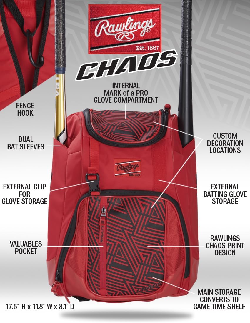 Rawlings Chaos Youth Baseball Softball Backpack – Sleek, Durable Gear Hauler