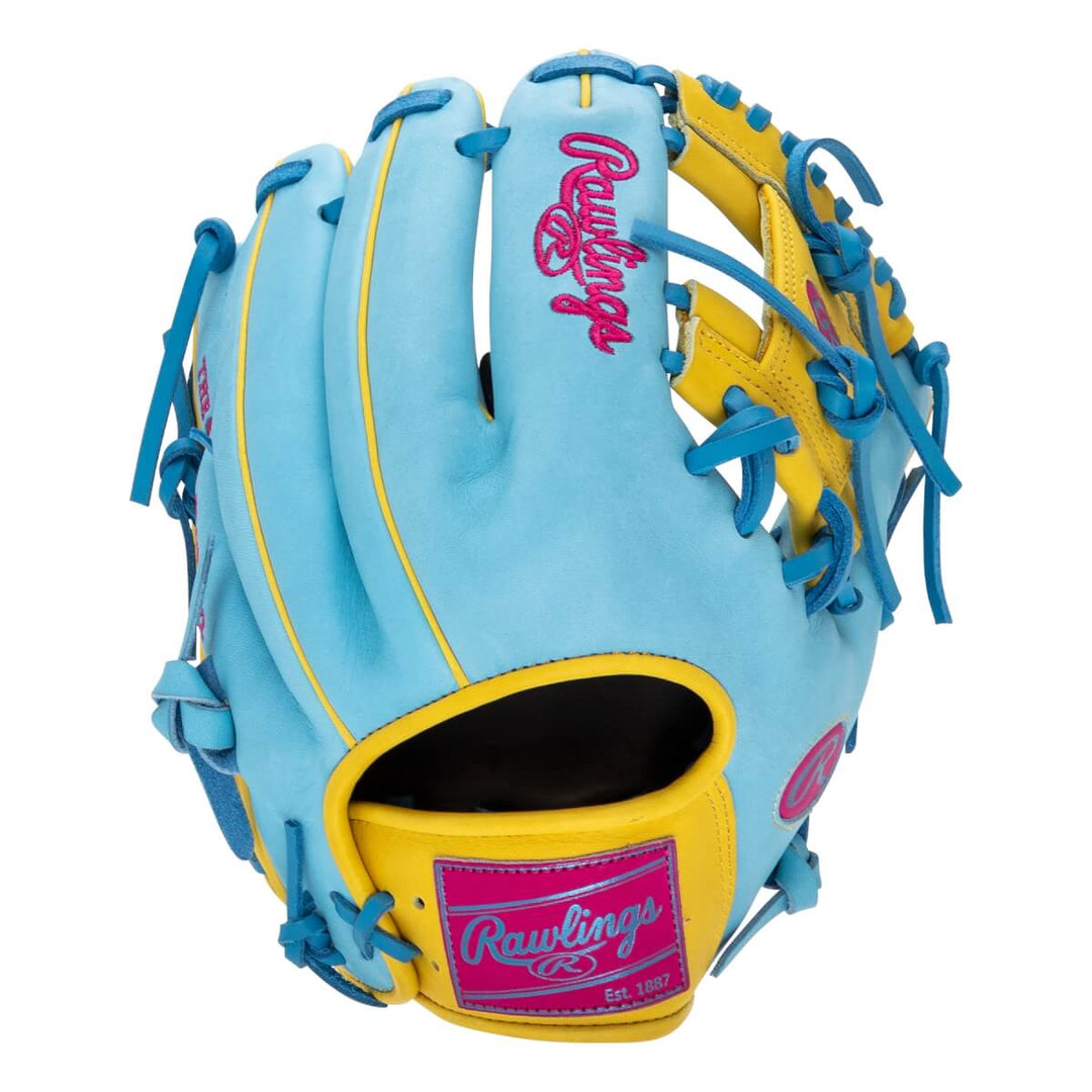 Rawlings Heart of the Hide PROR204-2CBYBE R2G 11.5” Infield Baseball Glove – Columbia Blue/Yellow/Pink