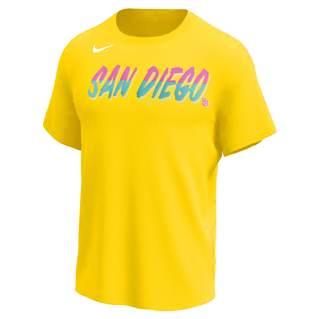 Men s San Diego Padres Nike City Connect Wordmark Drifit T Shirt Yellow XLarge