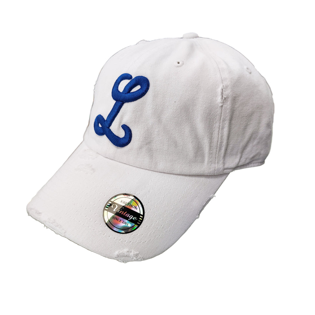 White cap with blue logo on a white background
