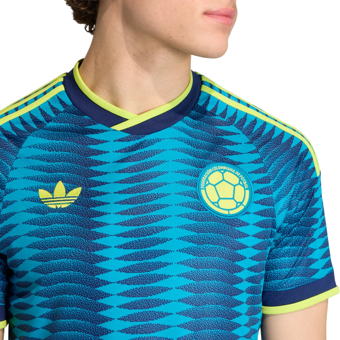 Close-up of adidas Colombia 2026 Away Jersey FCF crest and Trefoil logo