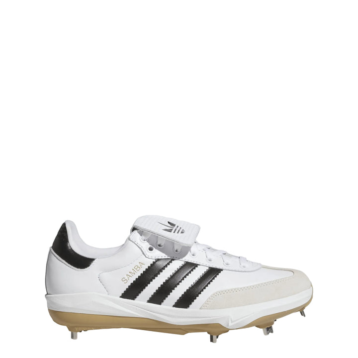 White adidas Samba KH6097 metal baseball cleat with black 3-Stripes