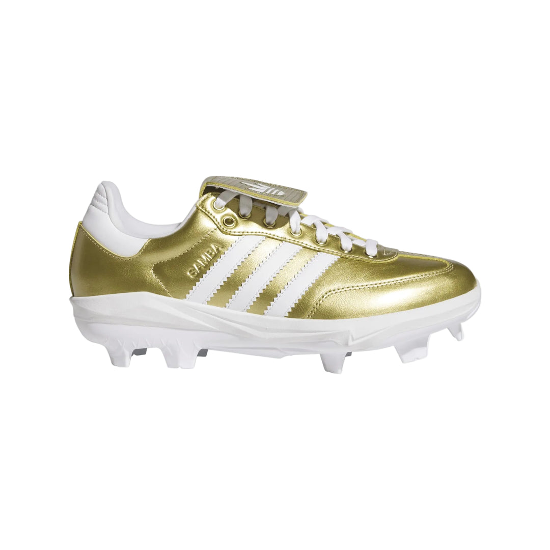 Gold adidas Samba TPU baseball cleat with white 3-Stripes side profile
