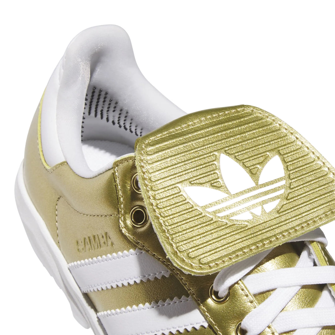 adidas Samba TPU cleat with white Trefoil and 3-Stripes close-up