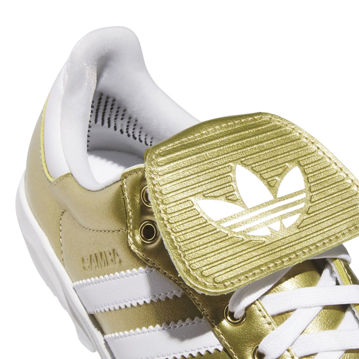 adidas Samba TPU cleat with white Trefoil and 3-Stripes close-up