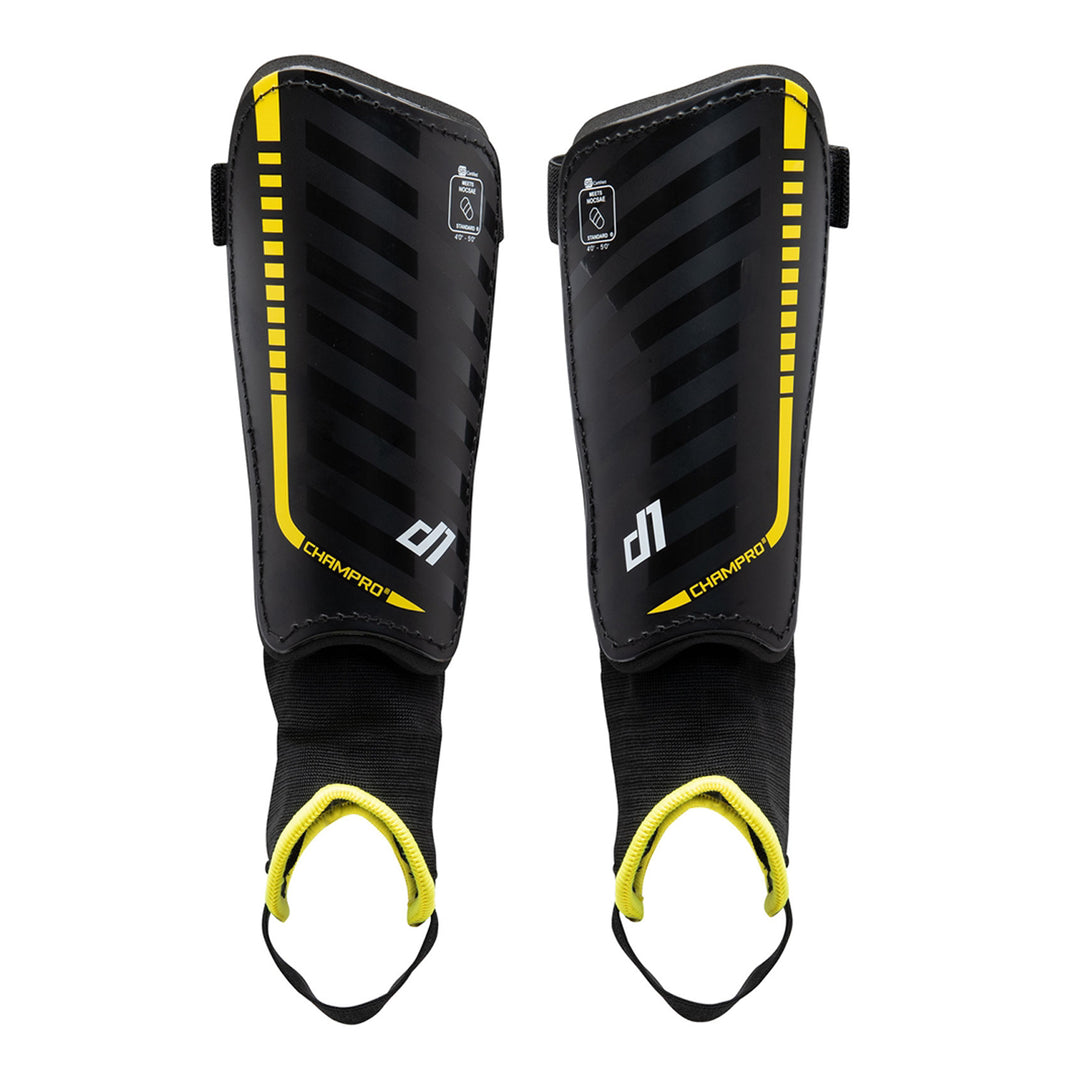 CHAMPRO D1 soccer shin guards with removable ankle guards Black Yellow