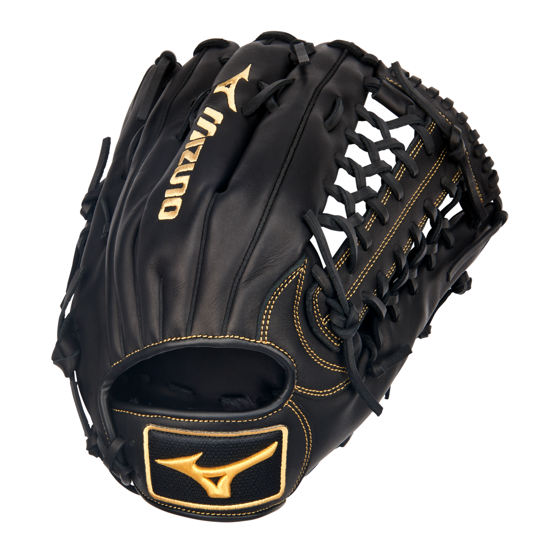 Mizuno GMVP1275P4 Black Outfield Glove with embroidered Mizuno lettering and RunBird wrist logo